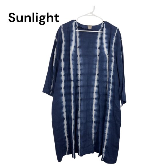 Chicos Blue & White Tie-Dye Linen Open Front Duster Jacket Size 2 (US 12/14) - Picture 1 of 14